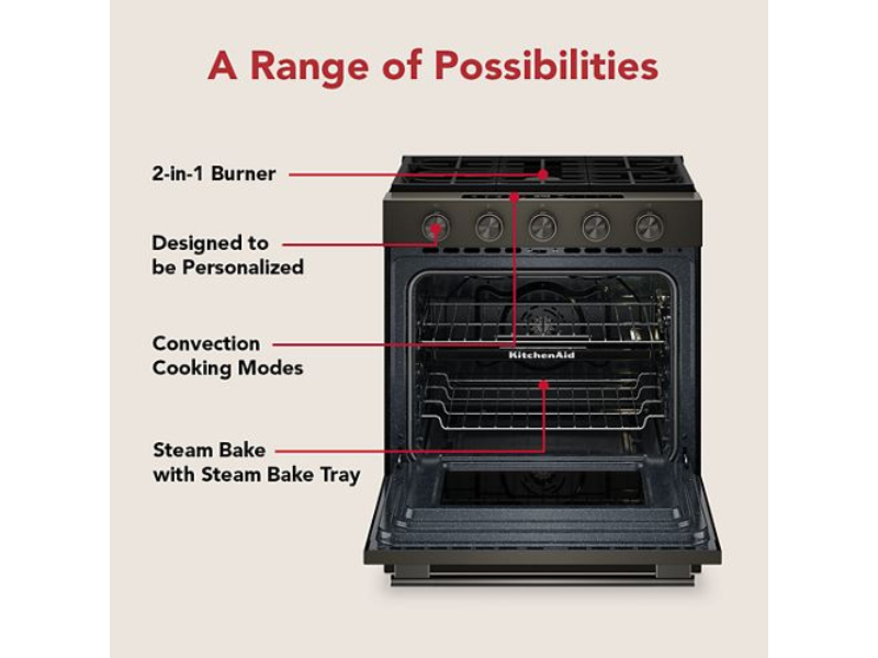 30" KitchenAid 5.0 Cu. Ft. Smart Slide-in Gas Range with Convection Cooking Modes and 2-in-1 Burner - KSGS530SBE