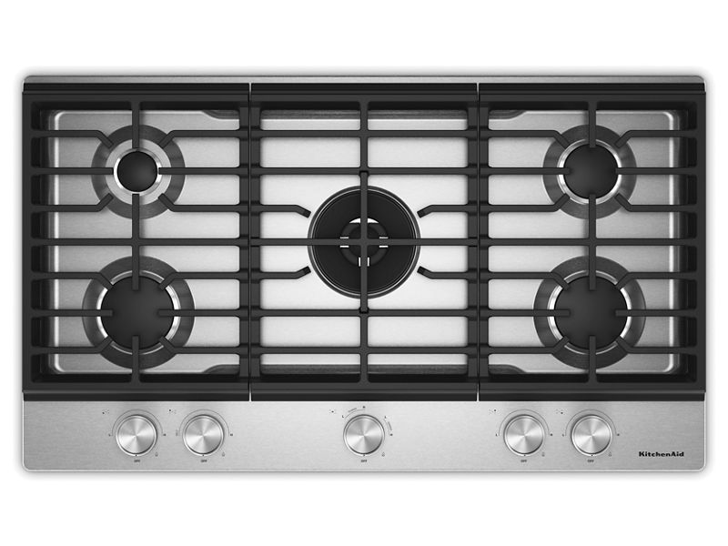 36" Kitchenaid Gas Cooktop with 5 Burners and Integrated Wok Grate - KCGK536SSS
