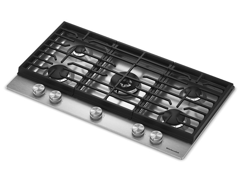 36" Kitchenaid Gas Cooktop with 5 Burners and Integrated Wok Grate - KCGK536SSS